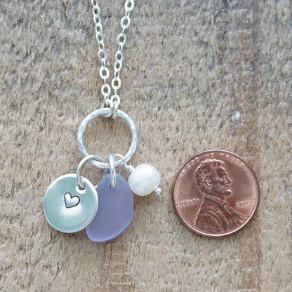 Hand Stamped Heart Charm Necklace with Sea Glass and Freshwater Pearl