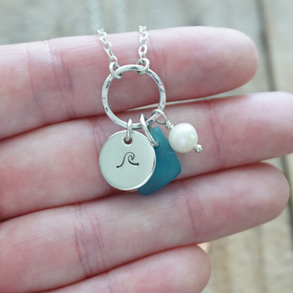 Hand Stamped Wave Charm Necklace with Sea Glass and Freshwater Pearl