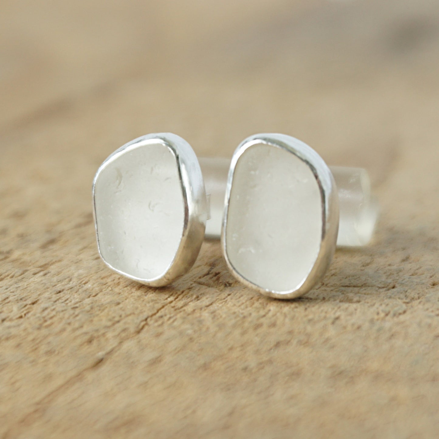 Clear Frosted Sea Glass Stud Earrings