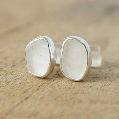 Clear Frosted Sea Glass Stud Earrings