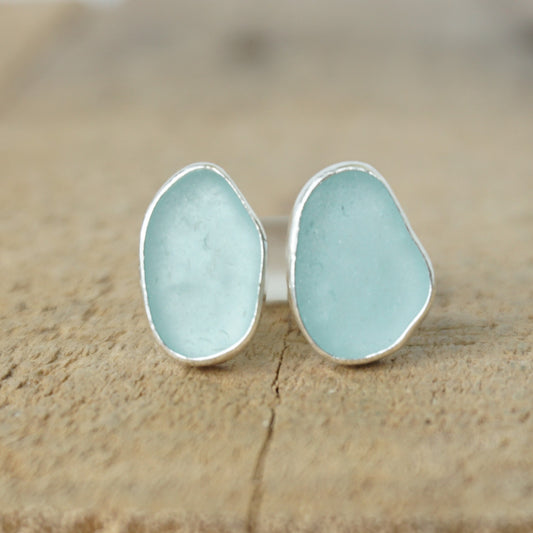 Soft Aqua Blue Sea Glass Stud Earrings