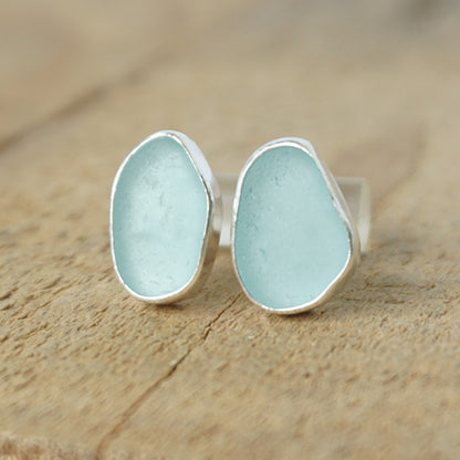 Soft Aqua Blue Sea Glass Stud Earrings
