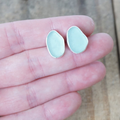 Soft Aqua Blue Sea Glass Stud Earrings
