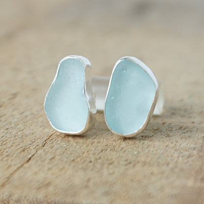 Soft Aqua Blue Sea Glass Stud Earrings