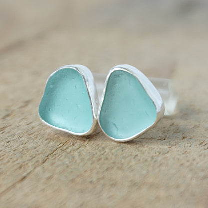 Teal Blue Green Sea Glass Stud Earrings