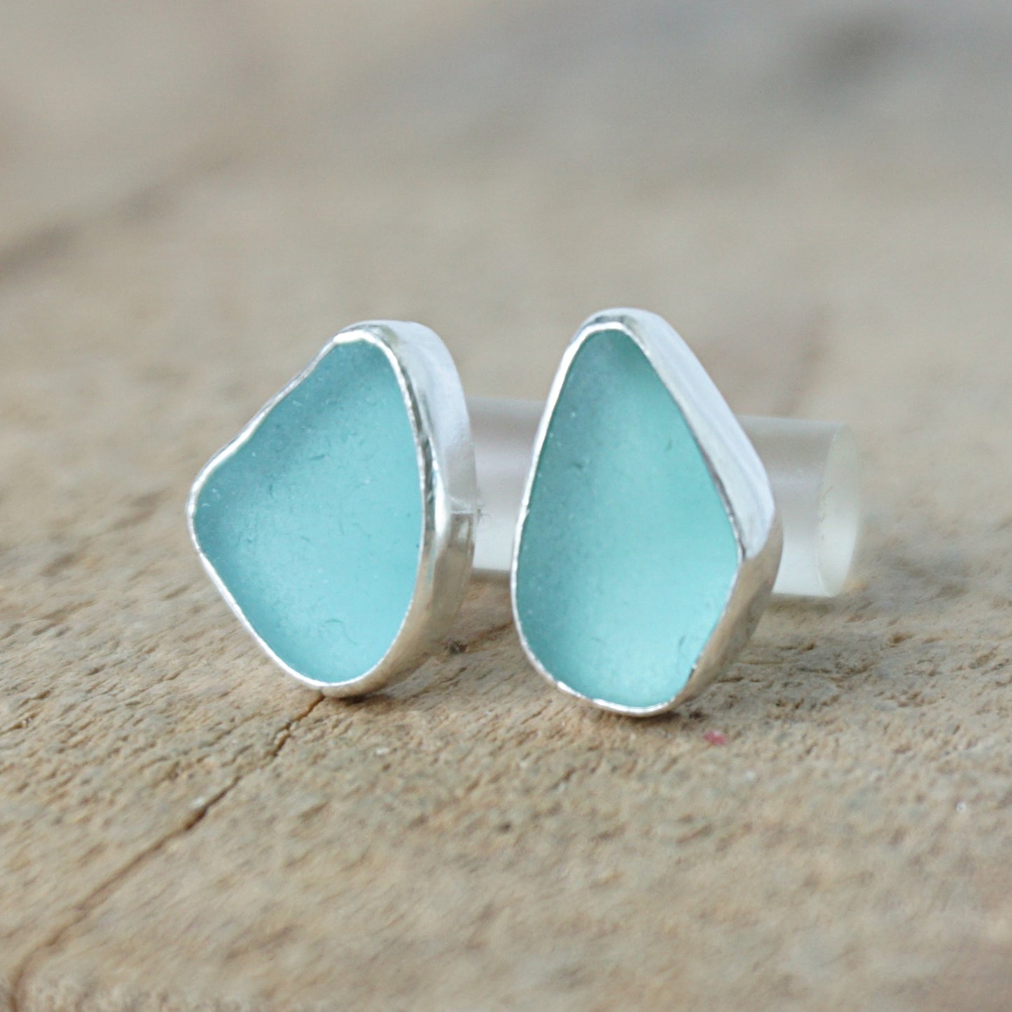 Teal Blue Green Sea Glass Stud Earrings
