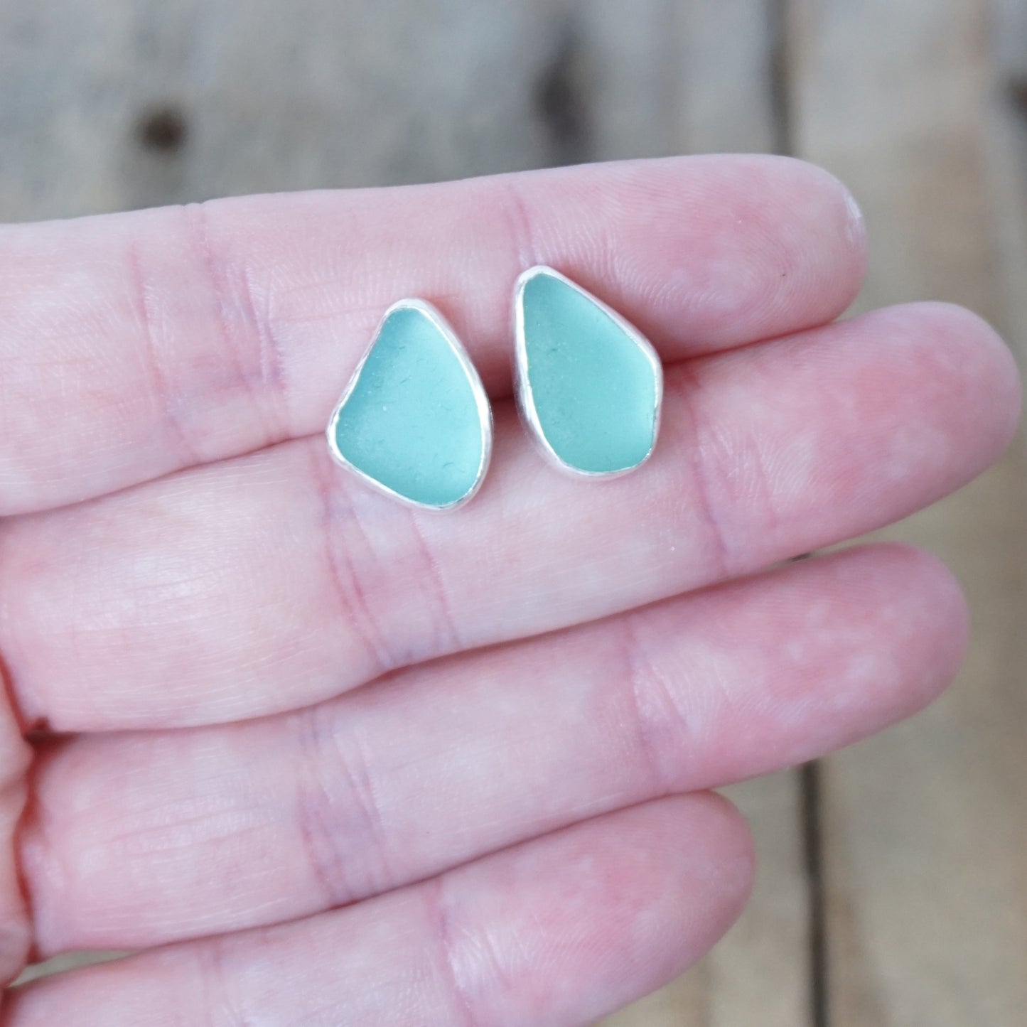 Teal Blue Green Sea Glass Stud Earrings