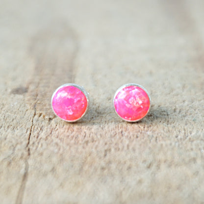 Hot Pink Aura Opal Stud Earrings, 6mm