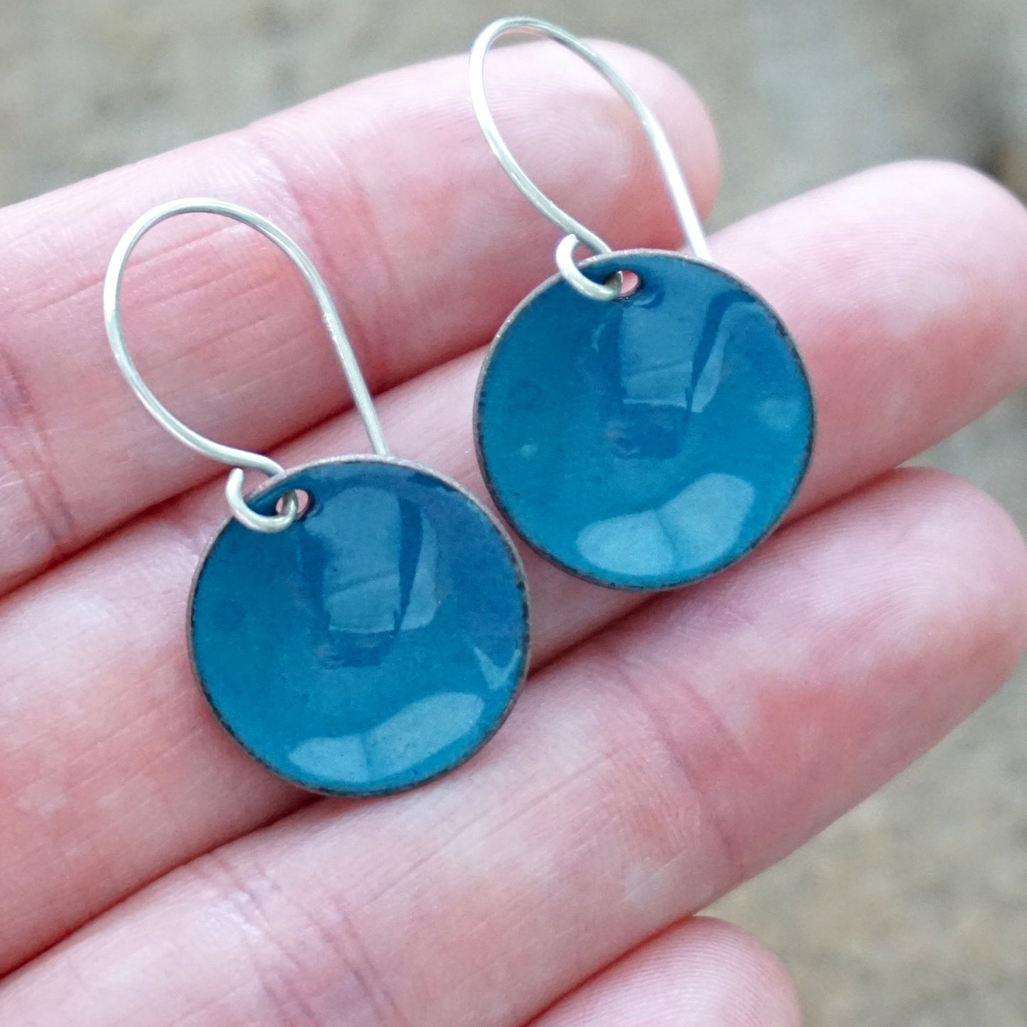 Peacock Teal Blue Enamel Disc Earrings