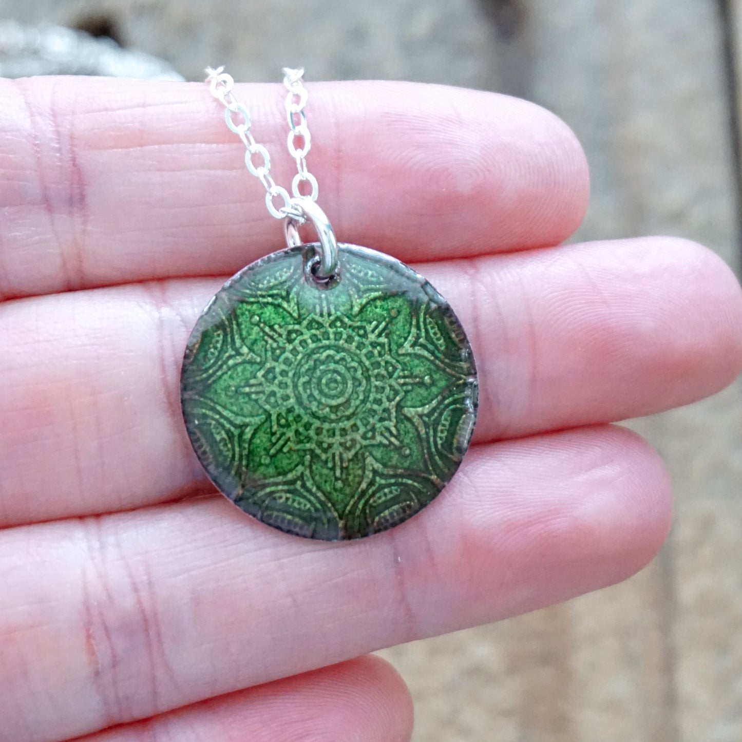 Metallic Green Enamel Mandala Pendant