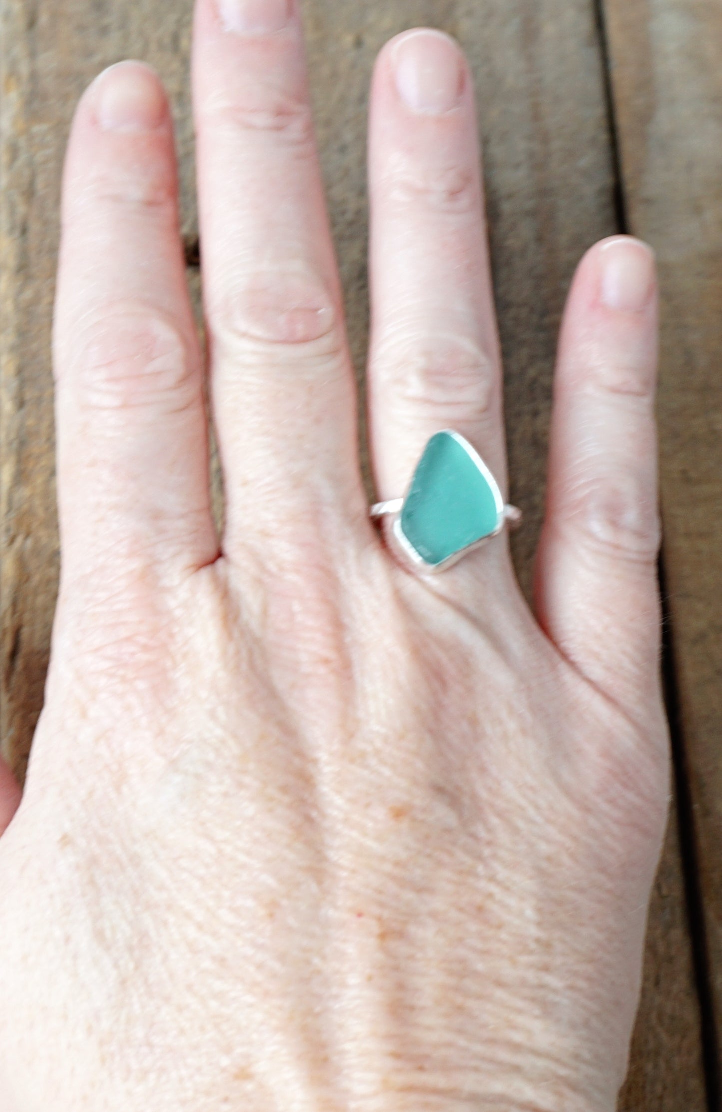 Size 7 1/2 Teal Blue Green Sea Glass Stacking Ring