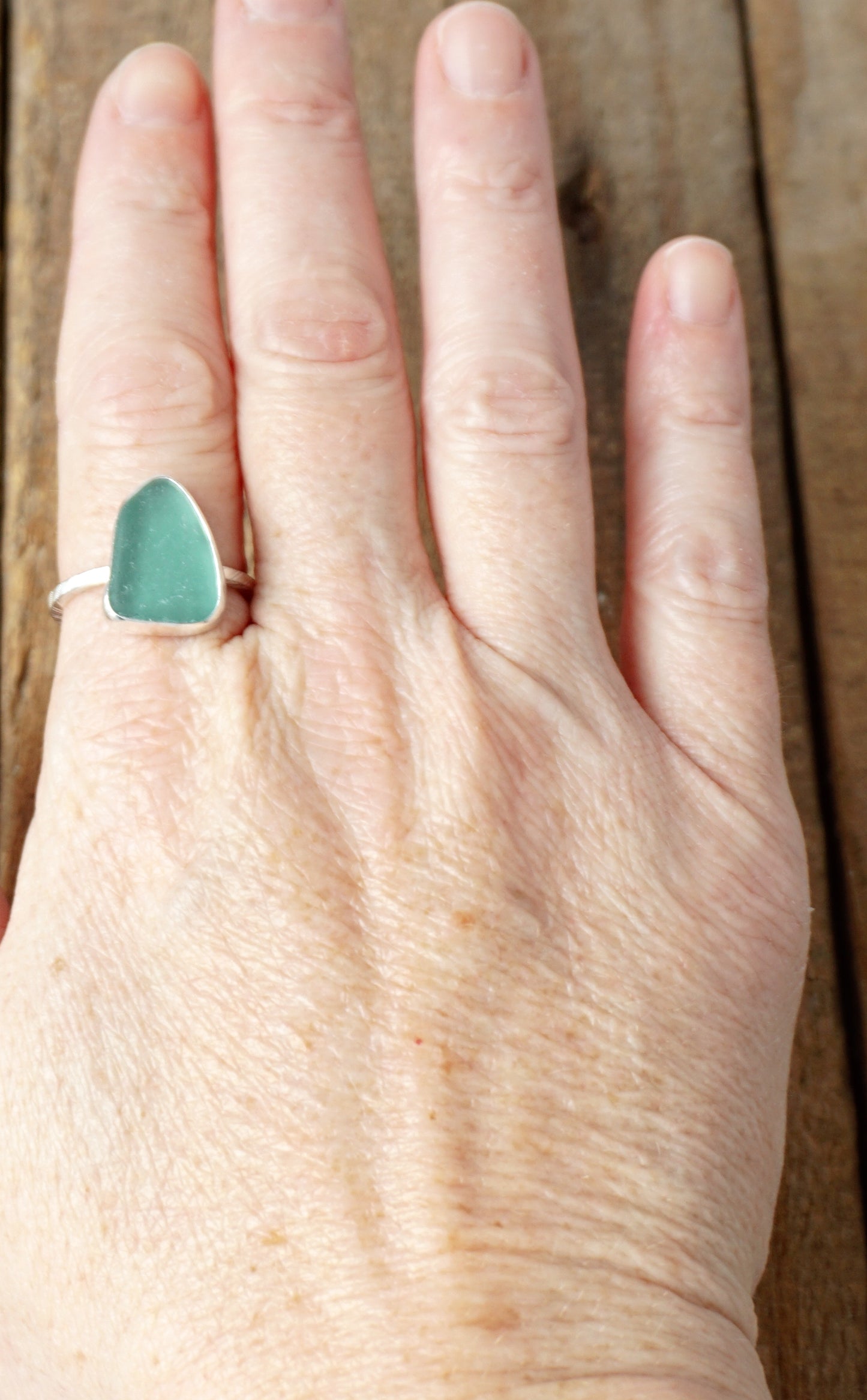 Size 9 3/4 Teal Blue Green Sea Glass Stacking Ring