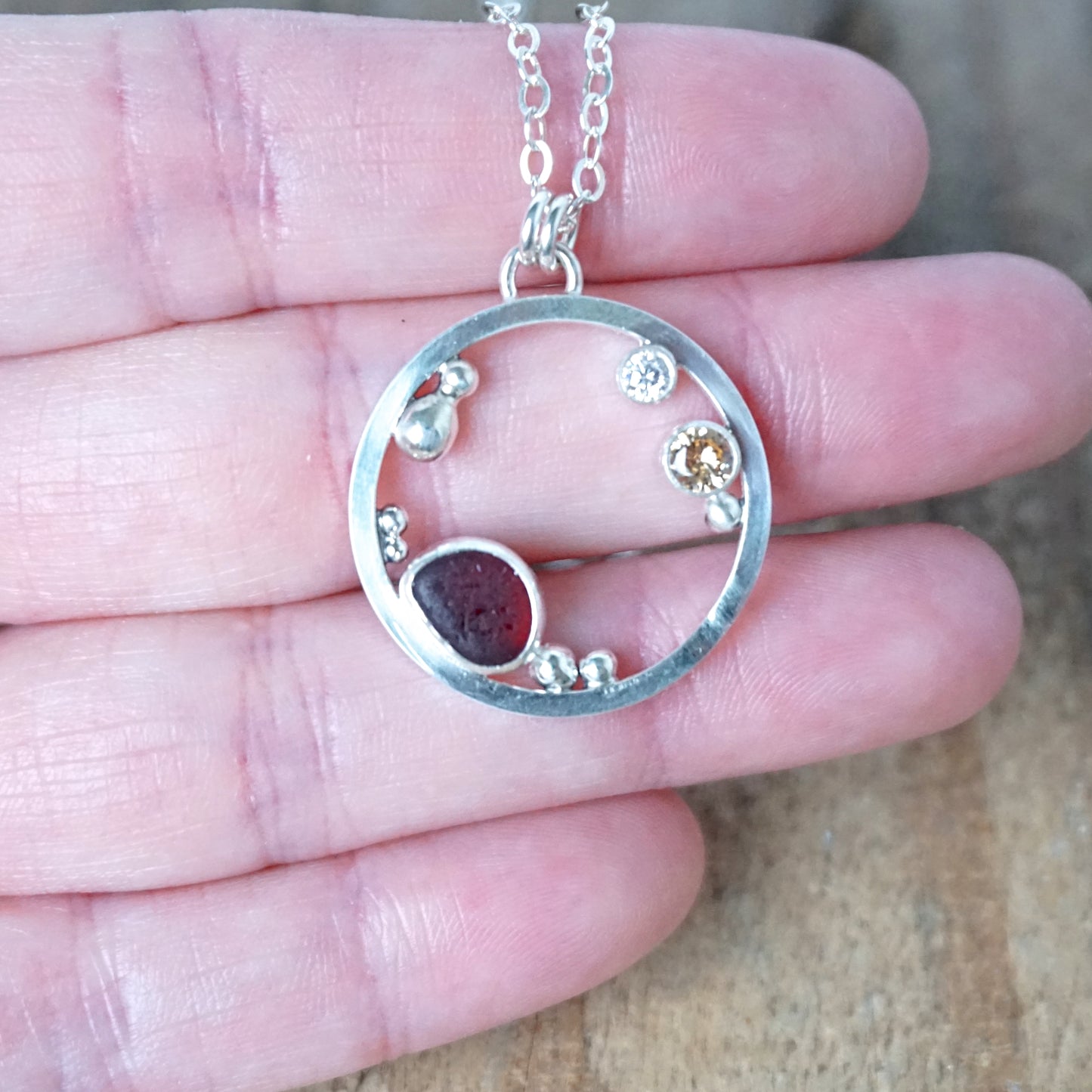 Red Sea Glass and Cubic Zirconia Pendant