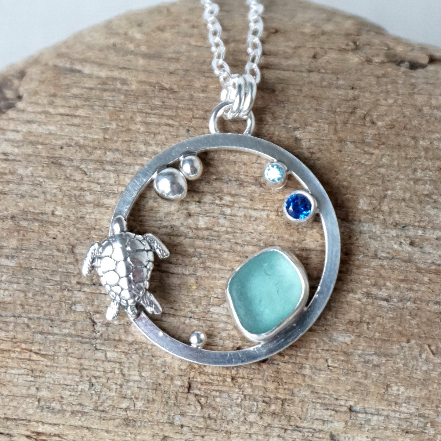 Teal Blue Green Sea Glass and Turtle Pendant