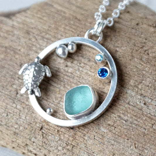 Teal Blue Green Sea Glass and Turtle Pendant