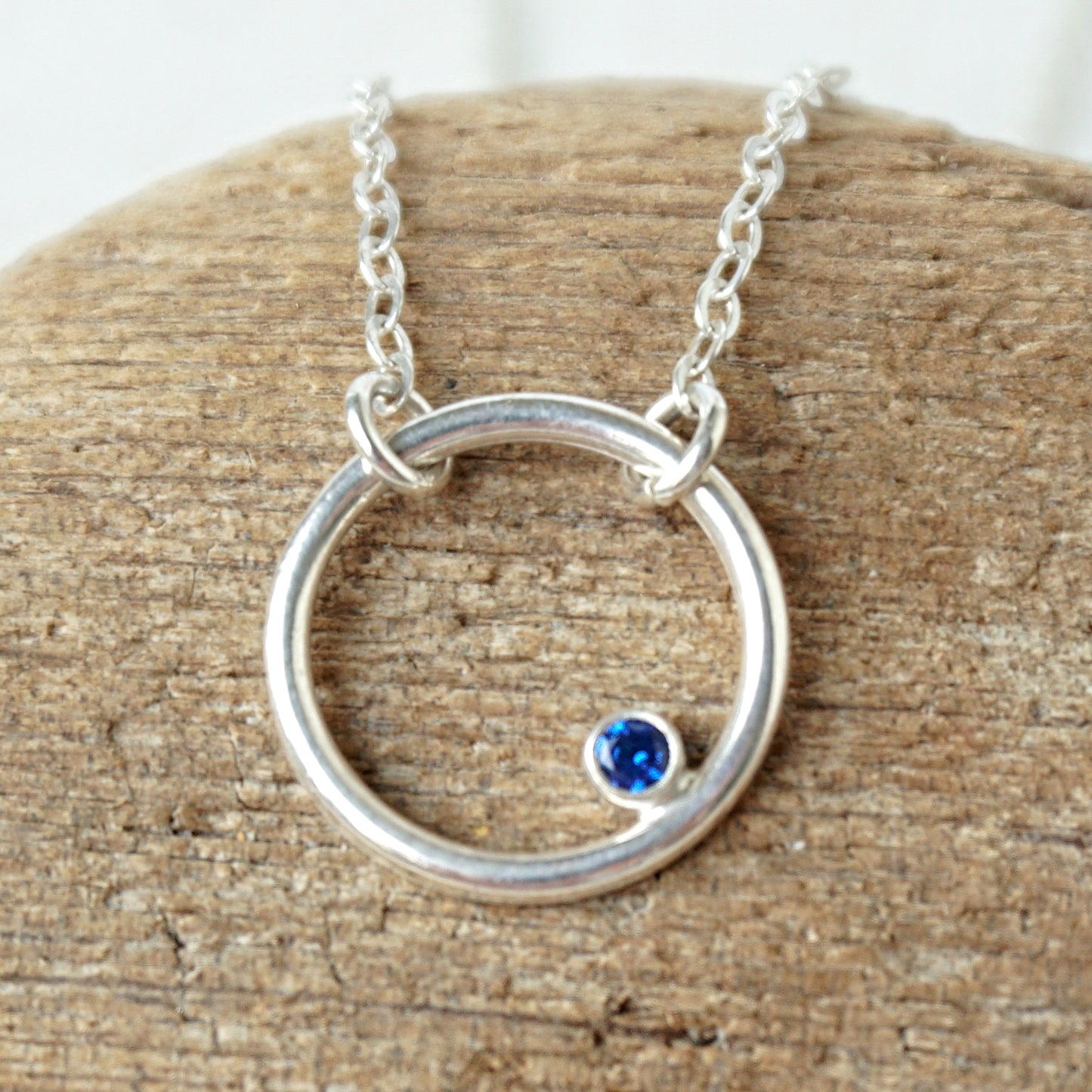 Sterling Silver Circle Necklace with Sapphire Blue Spinel