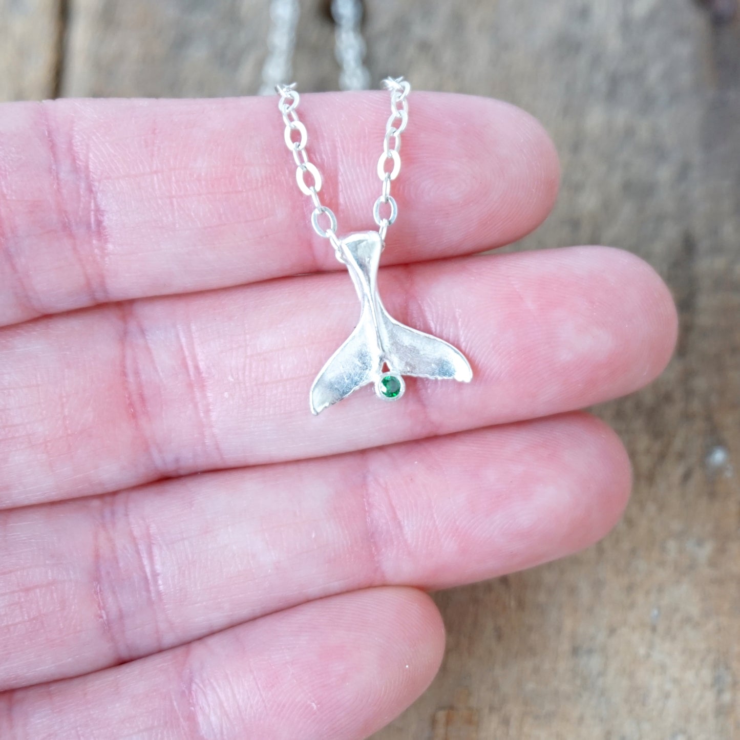 Sterling Silver Mermaid/Whale Tail and Emerald Green Cubic Zirconia Pendant