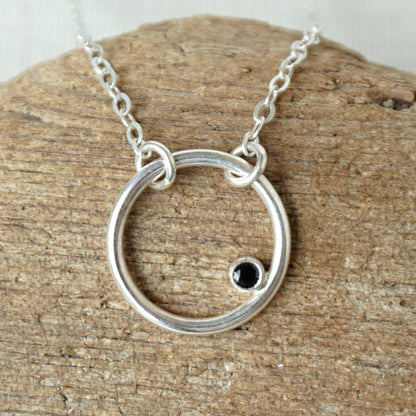 Sterling Silver Circle Necklace with Black Spinel