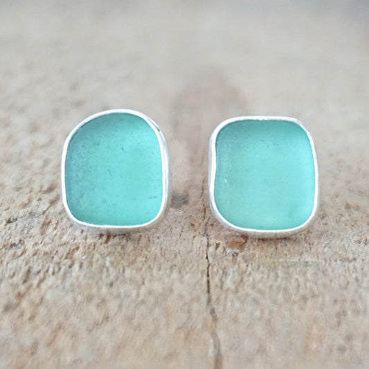 Teal Blue Green Sea Glass Stud Earrings