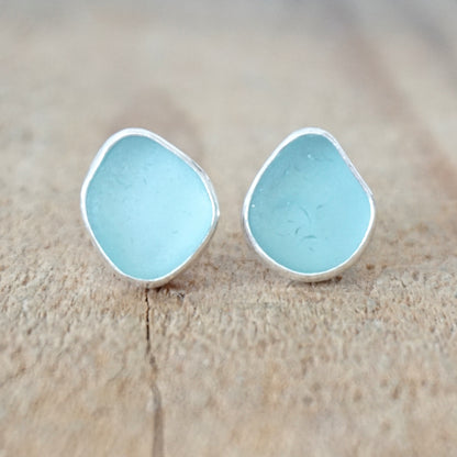 Soft Aqua Blue Sea Glass Stud Earrings