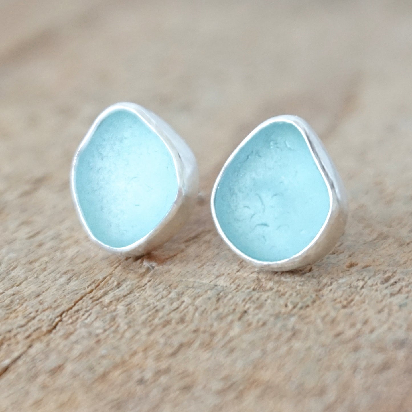 Soft Aqua Blue Sea Glass Stud Earrings