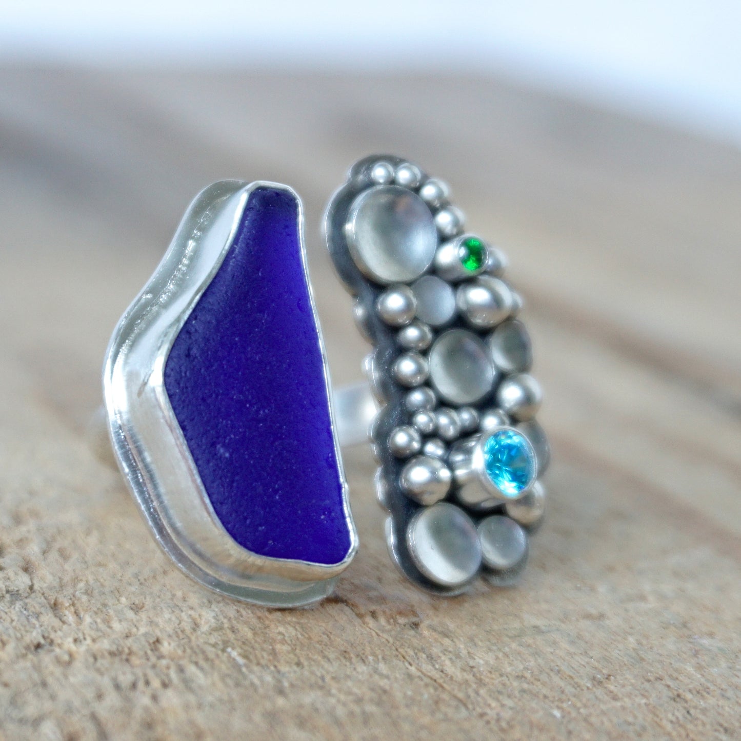 Size 9 Cobalt Blue Sea Glass Open Ring with Aqua Blue and Emerald Green Cubic Zirconia