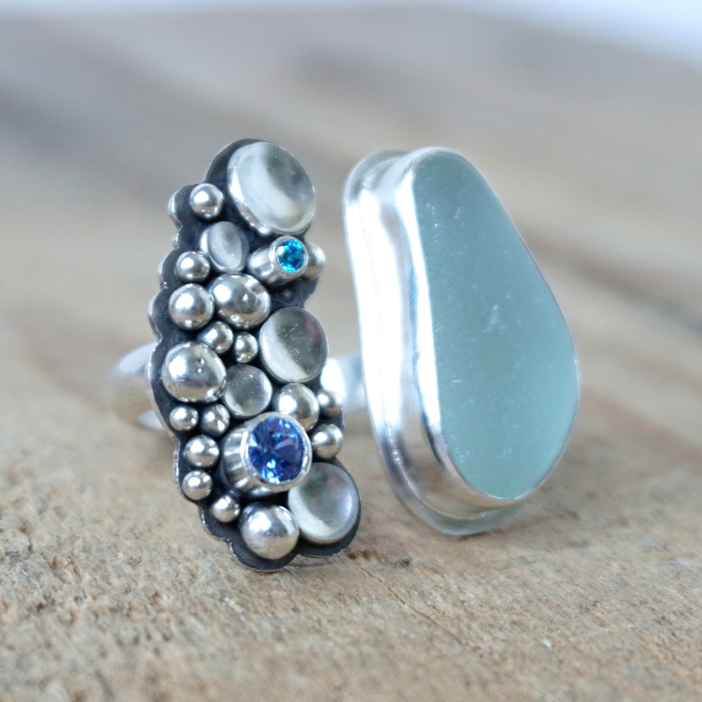 Size 7 1/2 Seafoam Green Sea Glass Open Ring with Blue Cubic Zirconia