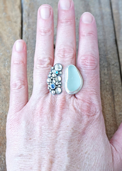 Size 7 1/2 Seafoam Green Sea Glass Open Ring with Blue Cubic Zirconia