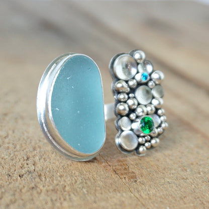 Size 8 1/2 Soft Aqua Blue Sea Glass Open Ring with Emerald Green and Aqua Blue Cubic Zirconia