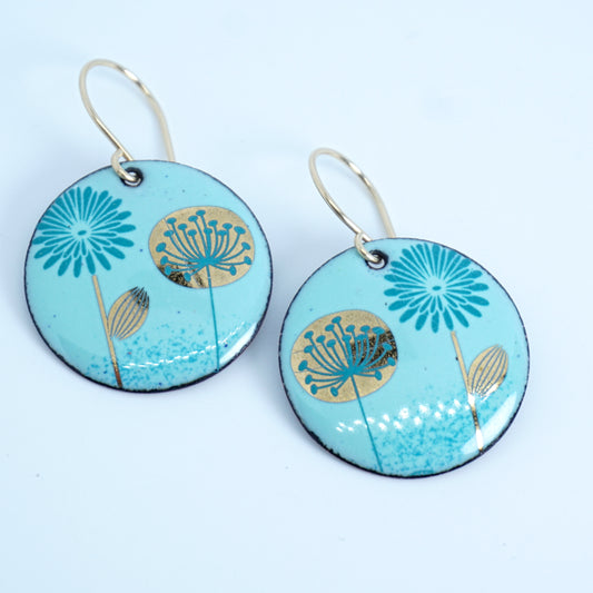 Gold and Teal Dandelions and Daisies on Seafoam Green Enamel Earrings