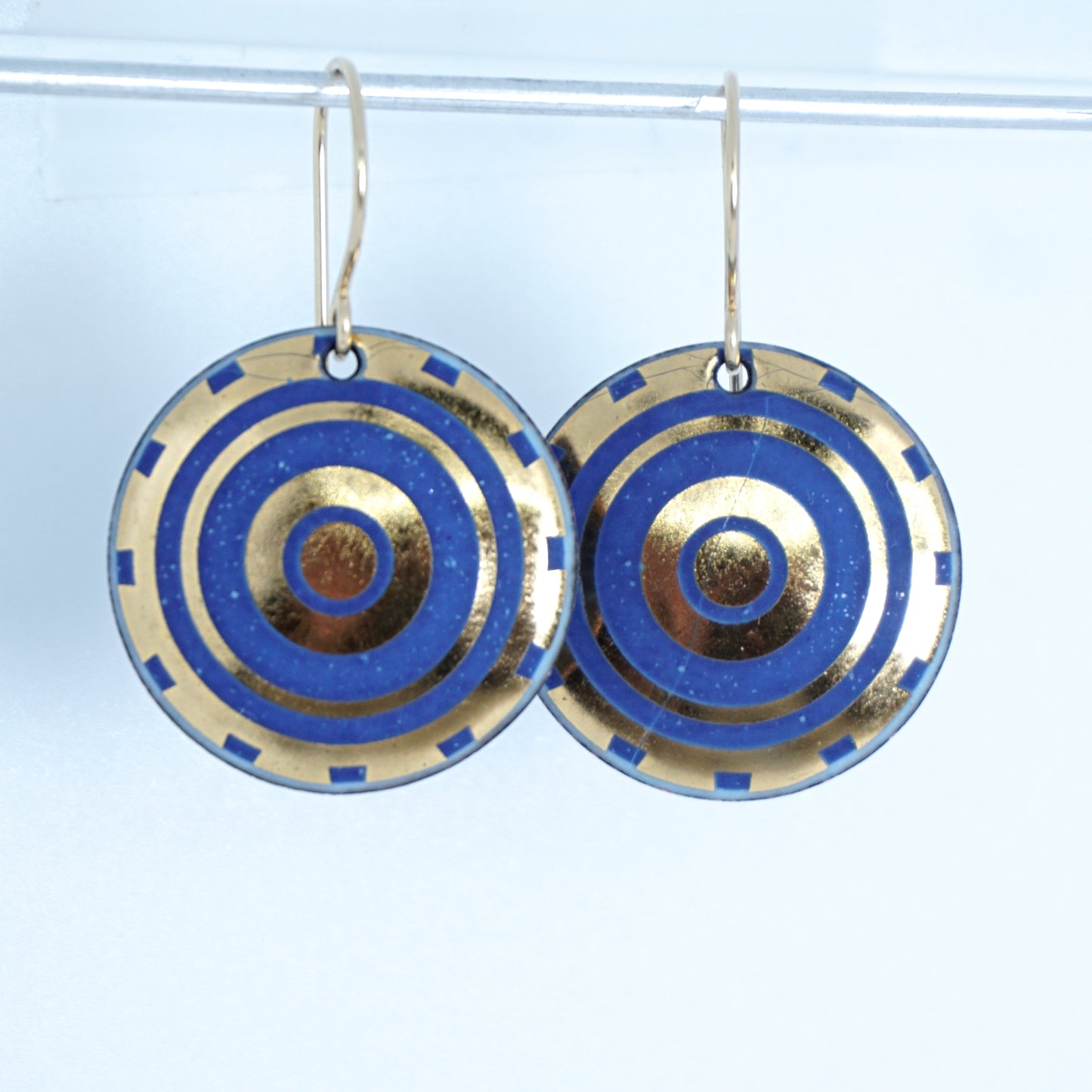 Gold and Blue Accents on Light Blue Enamel Disc Earrings