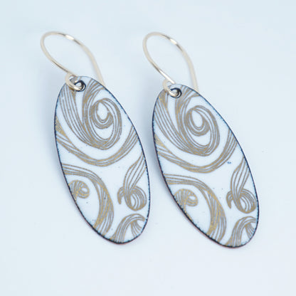 Gold Swirl on White Enamel Oval Earrings