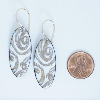 Gold Swirl on White Enamel Oval Earrings