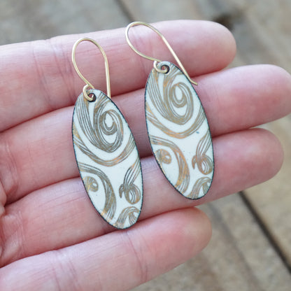 Gold Swirl on White Enamel Oval Earrings
