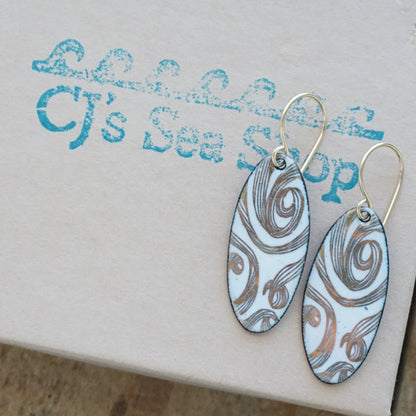 Gold Swirl on White Enamel Oval Earrings