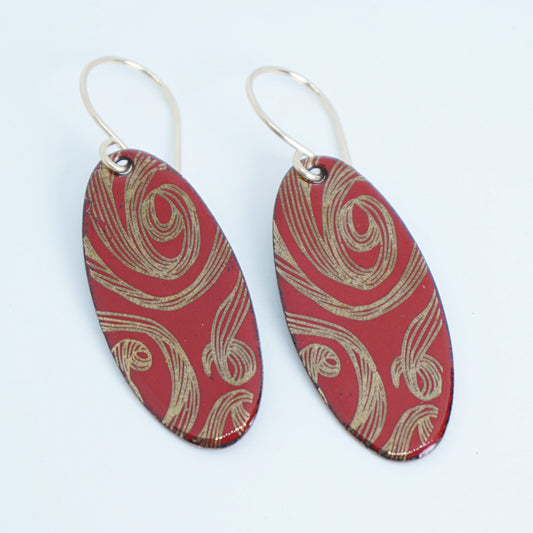 Gold Swirl on Red Enamel Oval Earrings
