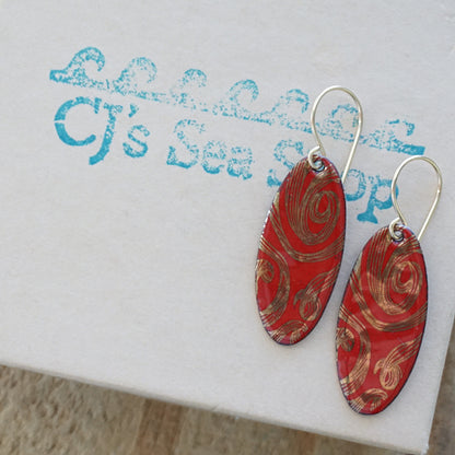 Gold Swirl on Red Enamel Oval Earrings