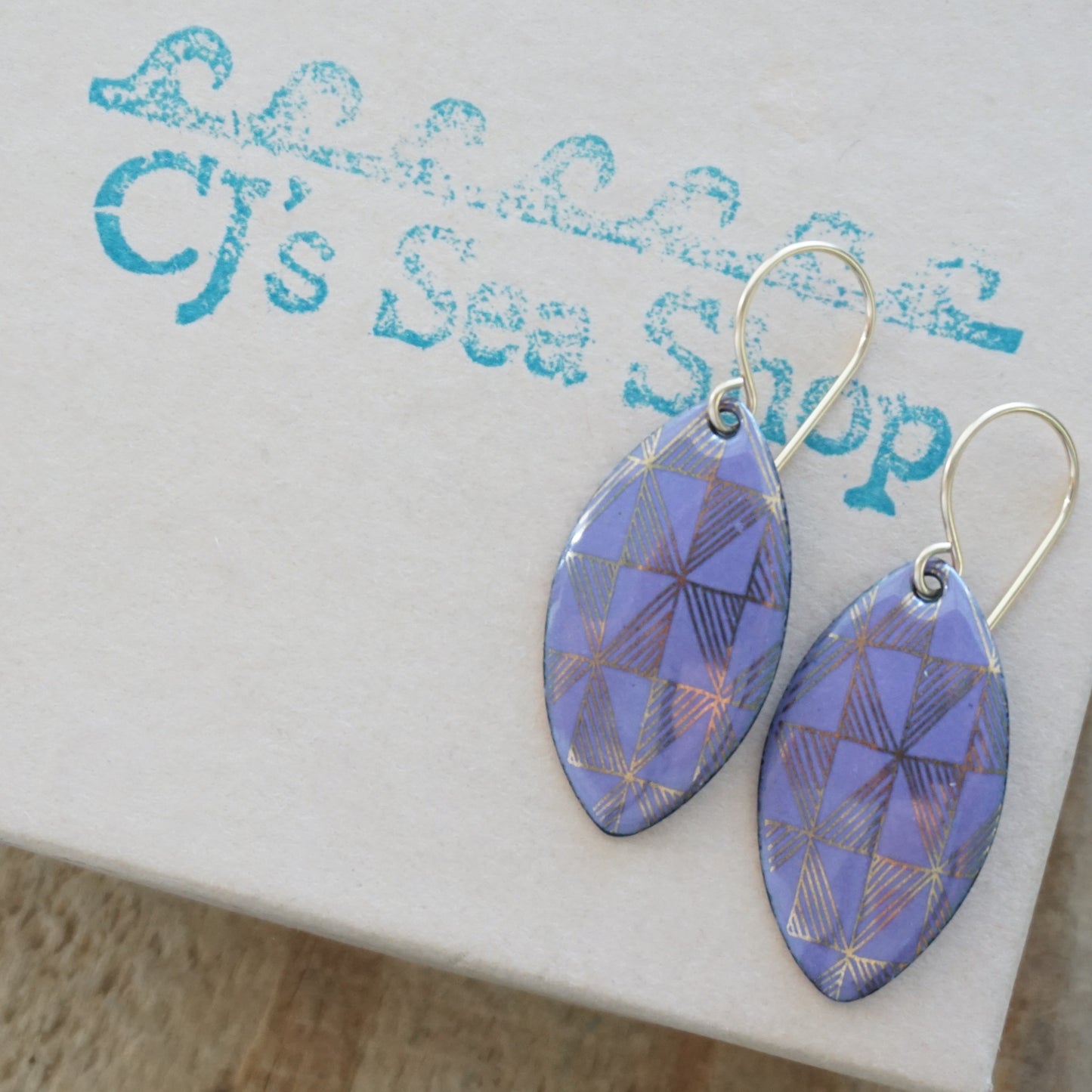 Gold Windmill on Purple Enamel Marquis Earrings