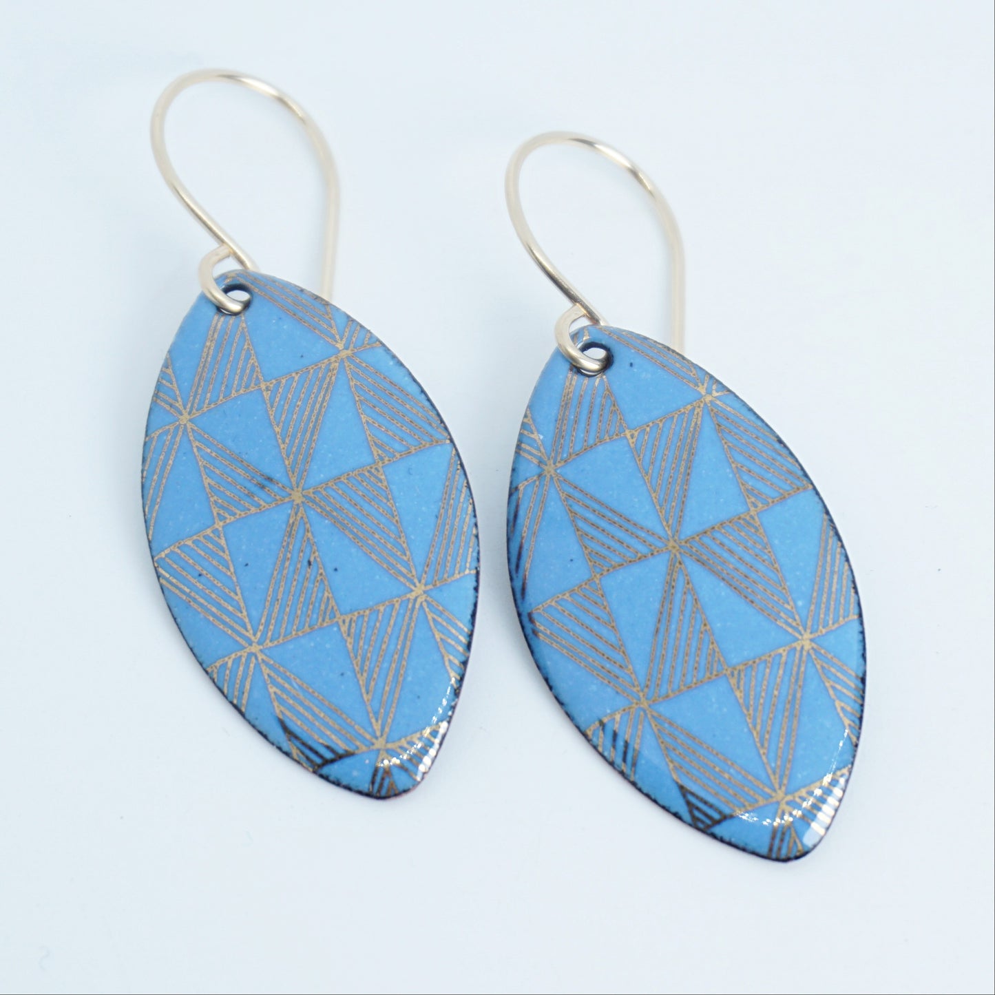 Gold Windmill on Blue Enamel Marquis Earrings