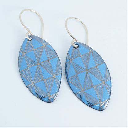 Gold Windmill on Blue Enamel Marquis Earrings