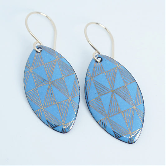 Gold Windmill on Blue Enamel Marquis Earrings