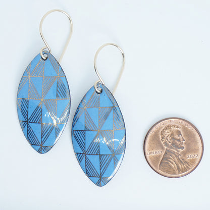 Gold Windmill on Blue Enamel Marquis Earrings