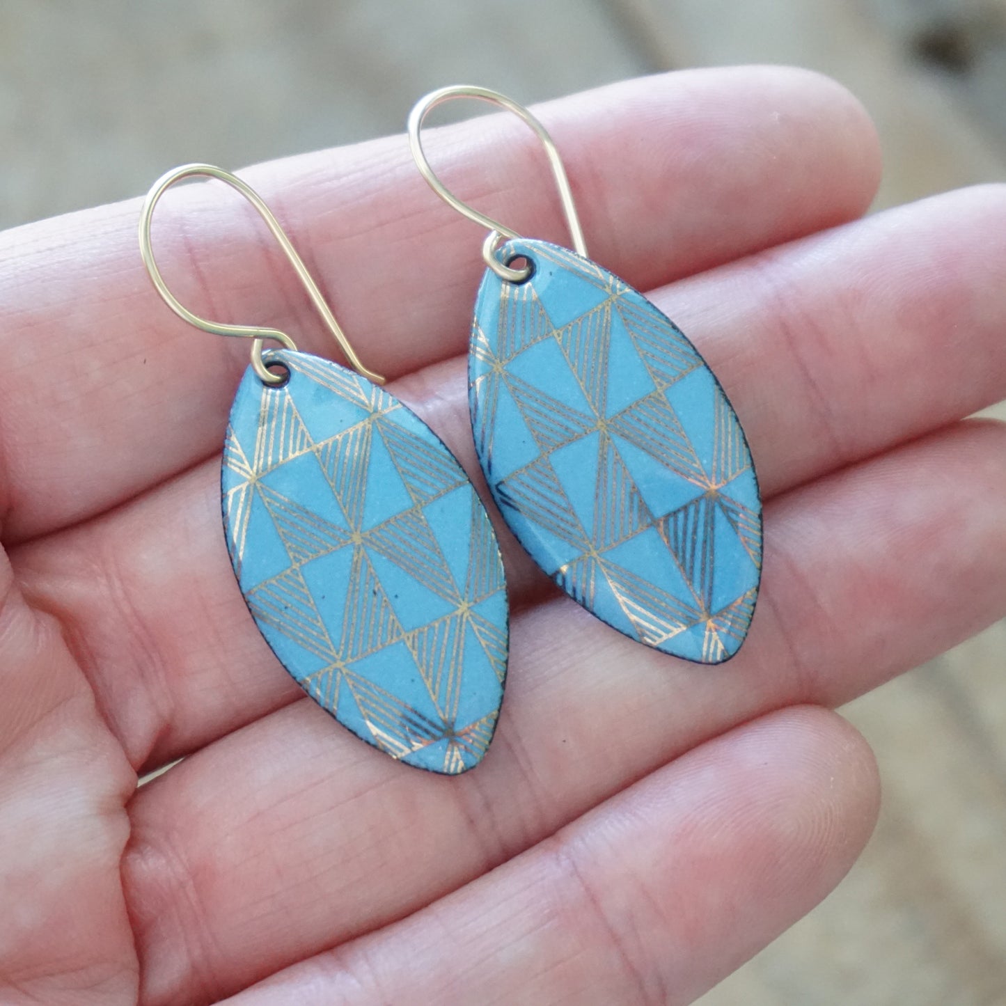 Gold Windmill on Blue Enamel Marquis Earrings
