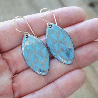 Gold Windmill on Blue Enamel Marquis Earrings