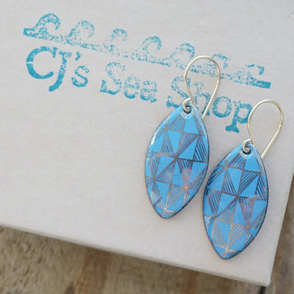 Gold Windmill on Blue Enamel Marquis Earrings