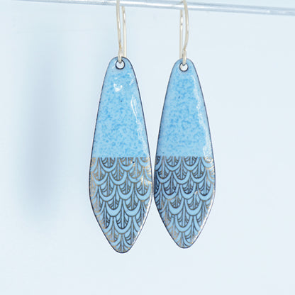 Gold Mermaid Scales on Light Blue Enamel Teardrop Earrings