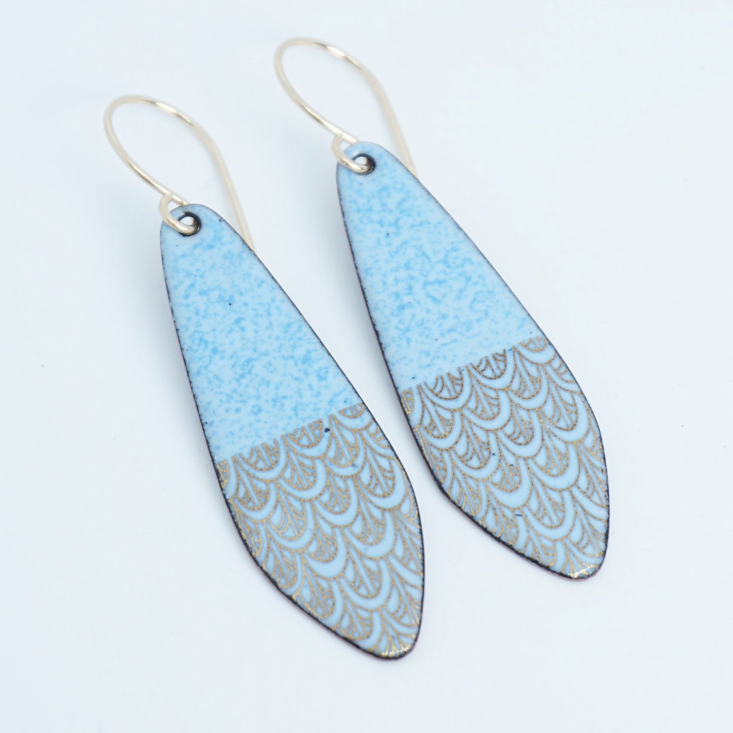 Gold Mermaid Scales on Light Blue Enamel Teardrop Earrings
