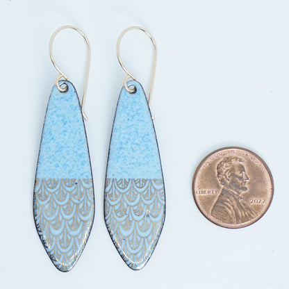 Gold Mermaid Scales on Light Blue Enamel Teardrop Earrings