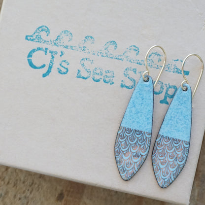 Gold Mermaid Scales on Light Blue Enamel Teardrop Earrings