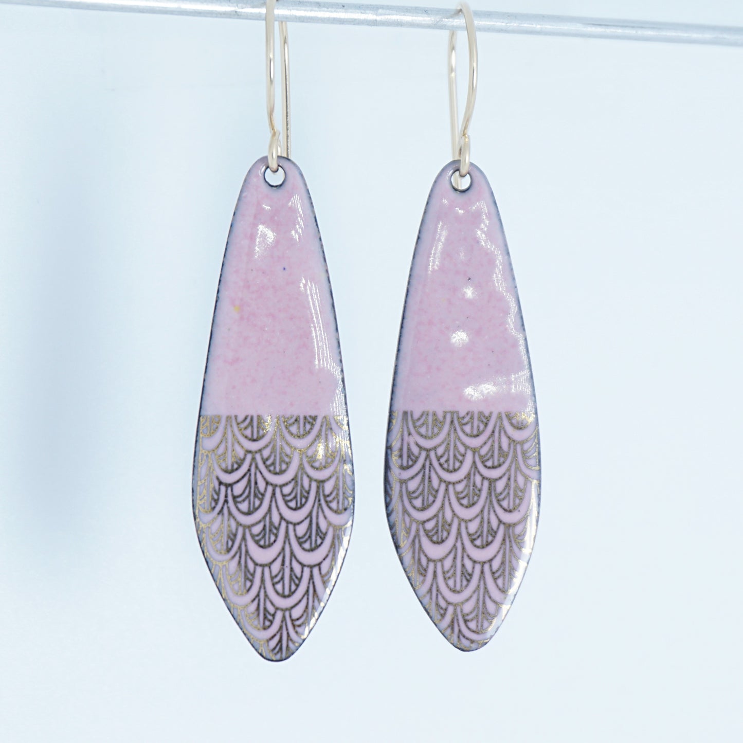 Gold Mermaid Scales on Pink Enamel Teardrop Earrings